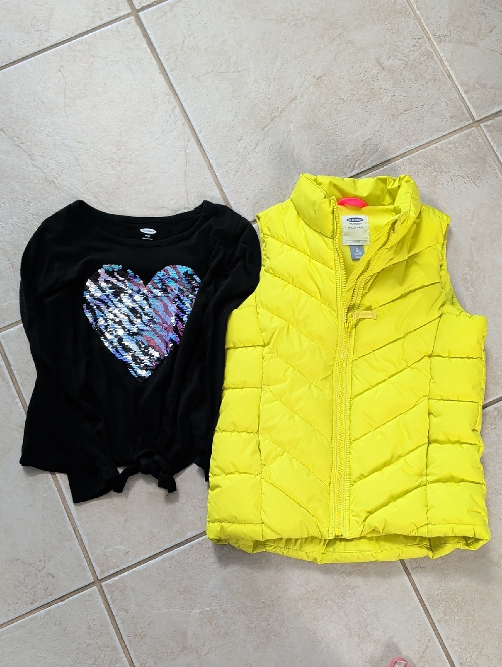 Old Navy Girls Size 8 Black Sequin Heart Top with Yellow Chartreuse Puffer Vest
